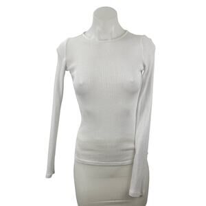 Bayse Women's White Ribbed Knit Crew Neck Long Sleeve T Shirt Tee Top Size XS